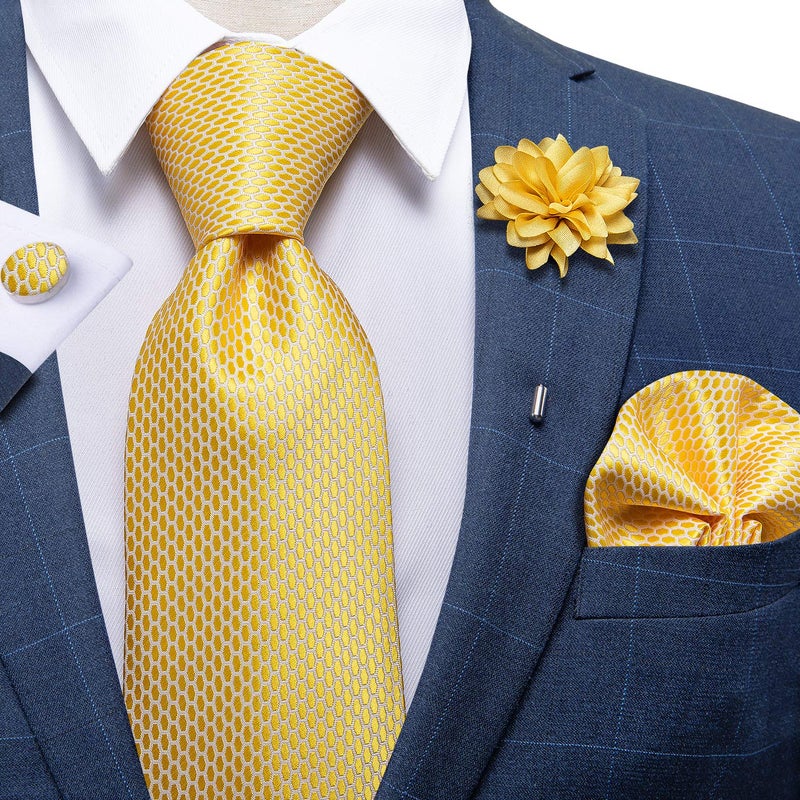 DiBanGu Silk Ties for Men Necktie and Lapel Pin Brooch Set Formal Woven Paisley Plaid Striped Solid Tie Wedding Party, Mustard Yellow - Image 3
